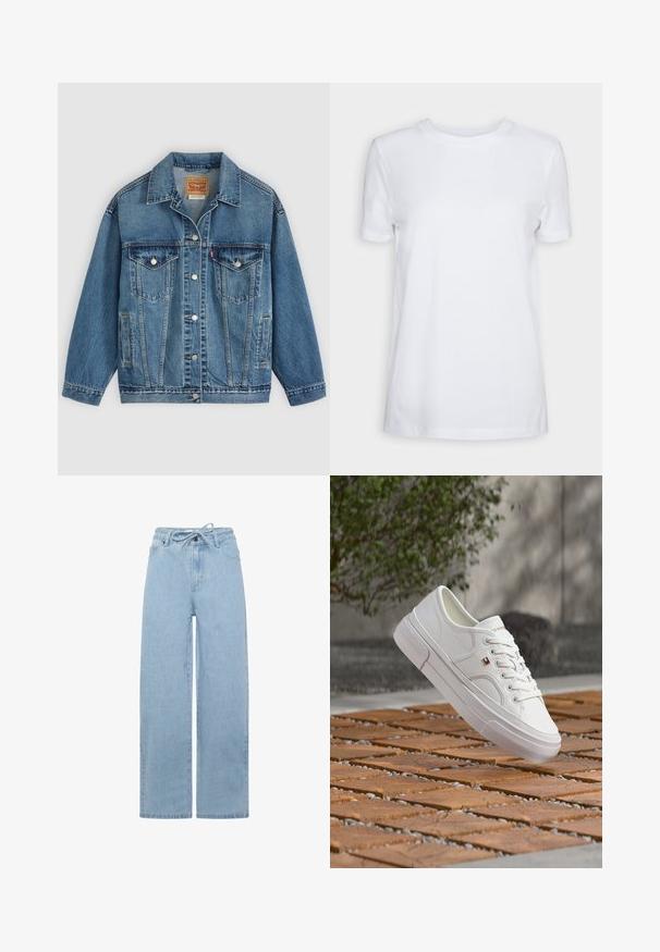 Blaue Denimjacke mit Knopfleiste vorne, zwei Brusttaschen mit Knöpfen, Seitentaschen und einem Kragen, flach auf einem hellen Hintergrund ausgelegt.; Schlichtes weißes T-Shirt mit kurzen Ärmeln und Rundhalsausschnitt, normaler Passform und einem kleinen Innenhalsetikett mit der Aufschrift „SELECTED FEMME.“; Helle blaue weit geschnittene Jeans aus Denim mit einem Kordelzugbund und einem klassischen Fünf-Taschen-Design. Der Stoff hat eine glatte Textur.; Weißer Ledersneaker mit Schnürsenkeln und einem kleinen rot-weiß-blauen Logo, schwebend über einer gemusterten Holz- und Kiesfläche im Freien.