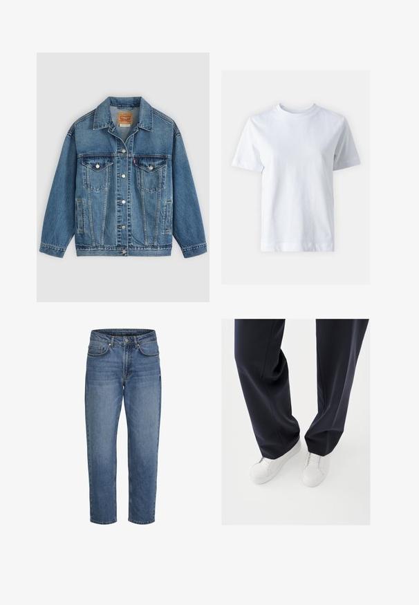 Blå denimjakke med knapper foran, to brystlommer med knapper, sidelommer og en krave, lagt fladt på en lys baggrund.; Hvid bomulds t-shirt med rund halsudskæring, korte ærmer, lige snit og glat tekstur. Ingen mønstre eller dekorationer.; Blå denim jeans med lige ben, forfra lukning med knap og lynlås samt lommer foran og bagpå, vist mod en hvid baggrund.; Hvide sneakers med teksturerede gummisåler og flade snørebånd, kombineret med mørkeblå bukser i løs, glat stof og skræddersyet pasform.