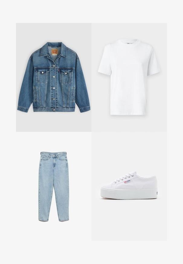 Blå denimjakke med knapper foran, to brystlommer med knapper, sidelommer og en krave, lagt fladt på en lys baggrund.; Hvid bomulds T-shirt med rund hals, kortærmet og en glat tekstur. Designet med en afslappet pasform for komfort og alsidighed.; Lyseblå højtsiddende denimjeans med forlommer, bæltestropper, knaplukning og tilspidsede ben på en hvid baggrund.; Hvide canvas sneakers med en tyk hvid platformssål, rund tå og metaløjelets til snørebånd. Mærkets logo præsenteret på siden.