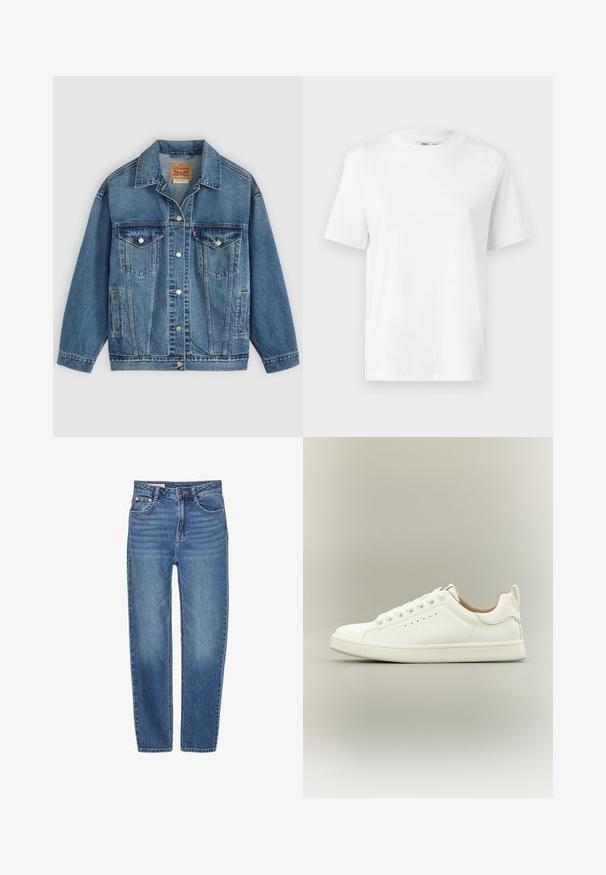 Blå denimjakke med knapper foran, to brystlommer med knapper, sidelommer og en krave, lagt fladt på en lys baggrund.; Hvid bomulds T-shirt med rund hals, kortærmet og en glat tekstur. Designet med en afslappet pasform for komfort og alsidighed.; Blå denim jeans med lige ben design, fem-lomme stil og høj talje. Har let falmede områder og kontrasterende syning.; Hvid lav sneaker med snørebånd, perforerede sidedetaljer og en trækflap på hælen, sat mod en neutral baggrund.