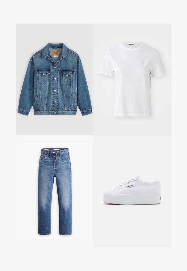 Chaqueta vaquera azul con botones en la parte delantera, dos bolsillos en el pecho con botones, bolsillos laterales y cuello, colocada plana sobre un fondo claro.; Camiseta blanca de manga corta hecha de una tela suave. Cuenta con un escote redondo y un corte recto, con una etiqueta en el cuello interior.; Vaqueros de mezclilla azul con cintura alta, diseño de pierna recta y áreas desgastadas. Presentan bolsillos frontales y herrajes de metal.; Zapatilla de lona blanca con una gruesa suela de plataforma blanca, punta redonda y ojales de metal para los cordones. Logotipo de la marca mostrado en el lateral.