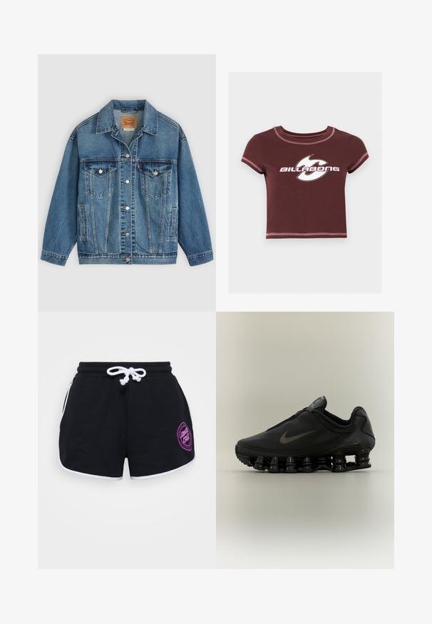 Blå denimjakke med knapper foran, to brystlommer med knapper, sidelommer og en krave, lagt fladt på en lys baggrund.; Mørkerød cropped t-shirt med lyserøde sømme og et hvidt grafisk logo med teksten "Billabong" på brystet.; Sorte shorts lavet af bomuld med en hvid snor i taljen, hvid kant og et lilla cirkulært logo på forsiden til højre.; Sort Nike-sneaker med lynlåsfunktion øverst og karakteristisk fjederlignende opdelt sål, vist i sideprofil mod en neutral baggrund.