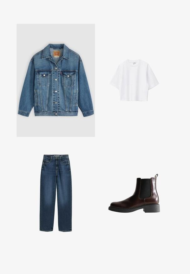 Chaqueta vaquera azul con botones en la parte delantera, dos bolsillos en el pecho con botones, bolsillos laterales y cuello, colocada plana sobre un fondo claro.; Camiseta blanca corta hecha de algodón suave con cuello redondo, mangas cortas y un ajuste holgado. Diseño simple y versátil.; Jeans de pierna ancha de color azul oscuro con cintura alta, bolsillos frontales y textura de denim clásica. Acabados con detalles de costura sutiles y aberturas de pierna recta.; Botín de cuero marrón con paneles laterales elásticos, puntera redonda y suela de goma negra texturizada. Presenta costuras en contraste y una pestaña para facilitar el calce.