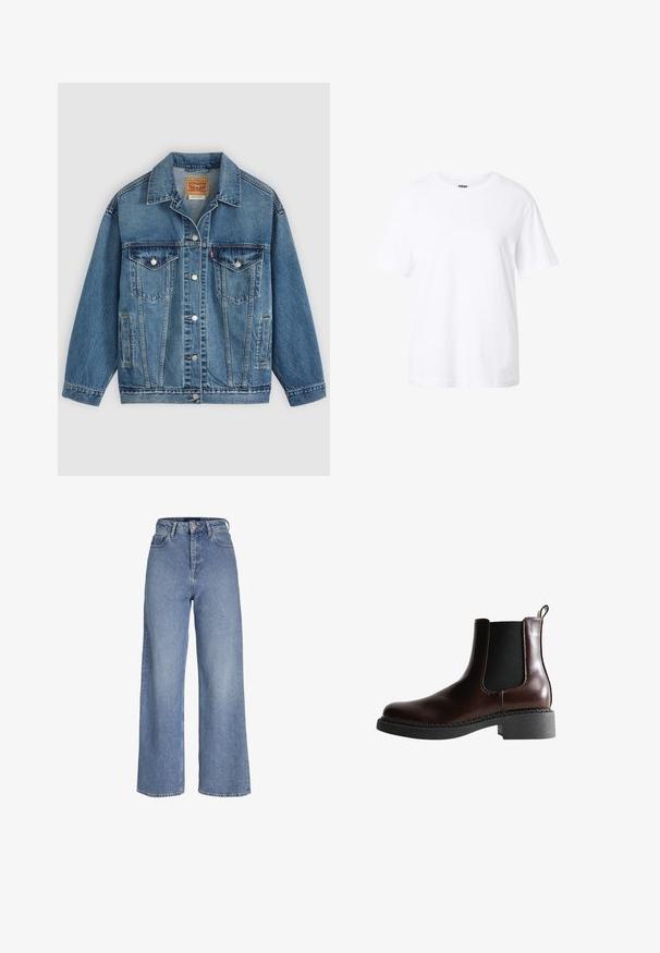 Blauwe spijkerjas met knoopsluiting aan de voorkant, twee borstzakken met knopen, zijzakken en een kraag, plat neergelegd op een lichte achtergrond.; Effen witte T-shirt met korte mouwen en een ronde hals, een losse pasvorm en een klein label aan de binnenkant van de kraag.; Lichtblauwe denim jeans met hoge taille, brede pijpen, voor knoop- en ritssluiting en een ontwerp met vijf zakken.; Bruine leren enkelboot met elastische zijpanelen, ronde neus en een gestructureerde zwarte rubberen zool. Heeft contrasterende stiksels en een lusje aan de achterkant.