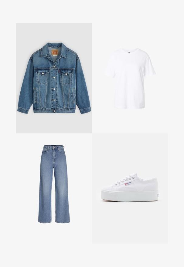 Veste en jean bleu avec fermeture à boutons à l'avant, deux poches poitrine avec boutons, poches latérales et col, posée à plat sur un fond clair.; T-shirt blanc uni à manches courtes avec col rond, coupe décontractée et petite étiquette à l'intérieur du col.; Jean en denim bleu clair taille haute avec jambes larges, fermeture avant par bouton et zip, et design cinq poches.; Baskets en toile blanches avec une épaisse semelle plateforme blanche, bout rond et œillets en métal pour les lacets. Logo de la marque affiché sur le côté.