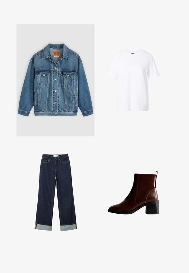 Blaue Denimjacke mit Knopfleiste vorne, zwei Brusttaschen mit Knöpfen, Seitentaschen und einem Kragen, flach auf einem hellen Hintergrund ausgelegt.; Schlichtes weißes T-Shirt mit kurzen Ärmeln, Rundhalsausschnitt, lockerer Passform und kleinem Etikett innen im Kragen.; Dunkelblaue, weit geschnittene Jeans mit hoher Taille, ausgestattet mit aufgerollten Säumen, Kontrastnähten und einem Fünf-Taschen-Design. Hergestellt aus Denim-Stoff.; Braune Leder-Ankle-Boots mit quadratförmiger Spitze und seitlicher Naht, einem 7,5 cm hohen Blockabsatz und einem Ziehhilfen an der Rückseite für einfaches An- und Ausziehen.
