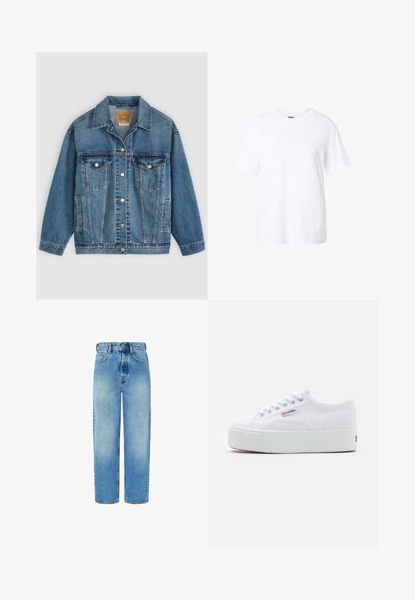 Blå denimjakke med knapper foran, to brystlommer med knapper, sidelommer og en krave, lagt fladt på en lys baggrund.; Enkelt hvid t-shirt med korte ærmer og rund hals, afslappet pasform og lille label inde i kraven.; Lys blå denim jeans med lige ben, høj talje, forlommer og knaplukning. Har diskret falmning og ingen udsmykninger.; Hvide canvas sneakers med en tyk hvid platformssål, rund tå og metaløjelets til snørebånd. Mærkets logo præsenteret på siden.