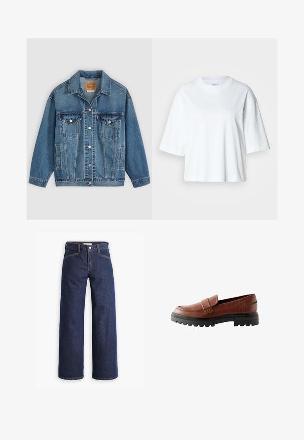Blauwe spijkerjas met knoopsluiting aan de voorkant, twee borstzakken met knopen, zijzakken en een kraag, plat neergelegd op een lichte achtergrond.; Witte cropped t-shirt met korte mouwen, ronde hals, gemaakt van zacht katoen, met een eenvoudig en strak ontwerp.; Donkerblauwe spijkerbroek met een hoge taille, wijdvallende pijpen en subtiele oranje stiksels. Bevat een sluiting met een knoop en ritssluiting aan de voorkant.; Bruine leren loafers met een verhoogde neus, decoratieve band en een geprofileerde zwarte rubberen zool met opvallend profiel.