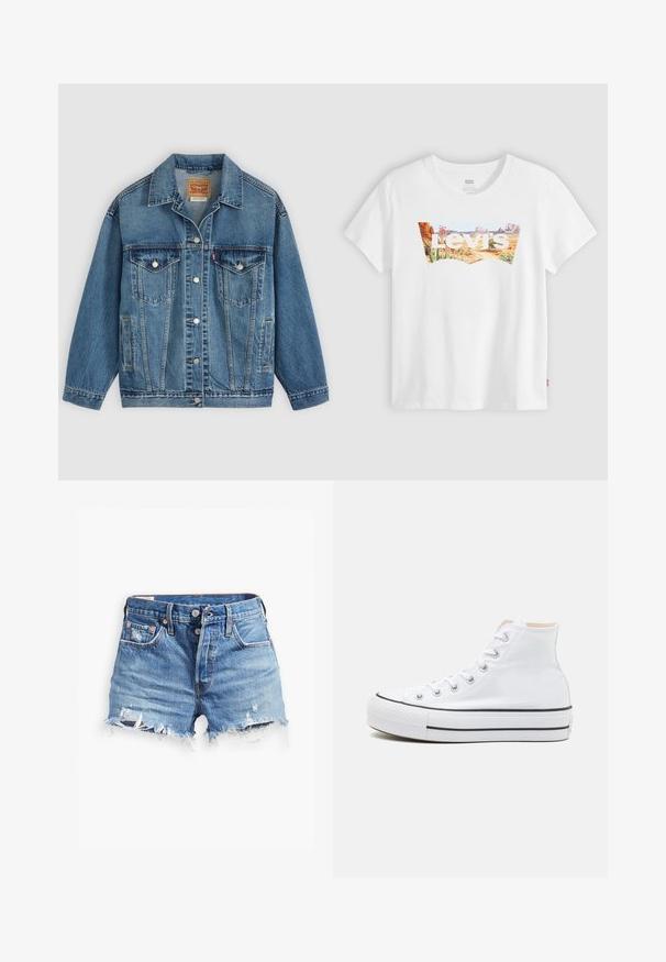Veste en jean bleu avec fermeture à boutons à l'avant, deux poches poitrine avec boutons, poches latérales et col, posée à plat sur un fond clair.; T-shirt blanc Levi's avec un paysage désertique et des plantes graphiques à l'intérieur du logo en forme d'aile de chauve-souris de la marque sur la poitrine.; Shorts en denim bleu clair avec des bords effilochés, taille haute, fermeture à bouton et deux poches avant ; des détails usés ajoutent de la texture.; Baskets montantes blanches en toile, semelle en caoutchouc noir et bande noire contrastante sur la semelle intermédiaire. Bout rond et design à lacets.
