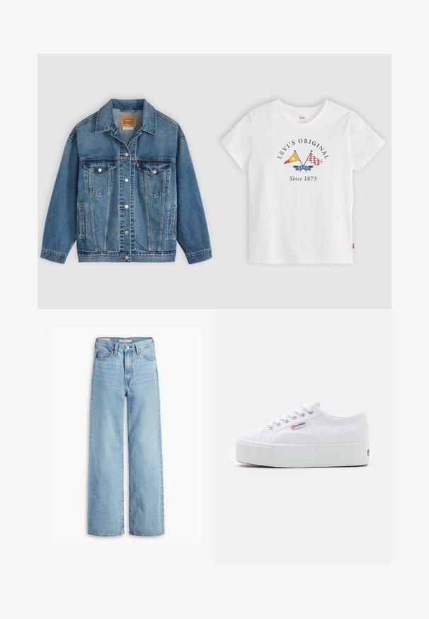 Blaue Denimjacke mit Knopfleiste vorne, zwei Brusttaschen mit Knöpfen, Seitentaschen und einem Kragen, flach auf einem hellen Hintergrund ausgelegt.; Weißes Levi's T-Shirt mit kurzen Ärmeln, gekreuzten gelben und roten Flaggen und dem Text "Levi's Original Since 1873" in der vorderen Mitte.; Hochgeschnittene, hellblaue Schlagjeans mit Frontknopf und Reißverschluss, Gürtelschlaufen und fünf Taschen.; Weiße Leinenschuhe mit einer dicken weißen Plattformsohle, runder Zehenpartie und Metallösen für die Schnürsenkel. Markenlogo an der Seite angebracht.