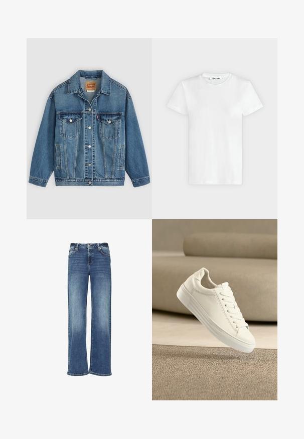 Blaue Denimjacke mit Knopfleiste vorne, zwei Brusttaschen mit Knöpfen, Seitentaschen und einem Kragen, flach auf einem hellen Hintergrund ausgelegt.; Ein schlichtes weißes T-Shirt mit kurzen Ärmeln und Rundhalsausschnitt liegt flach auf einem hellgrauen Hintergrund, zeigt die Vorderseite mit einem Etikett im Halsausschnitt.; Weite blaue Denim-Jeans mit einem verblassten Waschung, Knopfverschluss und Fünf-Taschen-Design. Merkmale sind gerade und lockere Passform.; Weißer Sneaker aus Leder mit Schnürsenkeln, der über einem strukturierten beigen Teppich schwebt, mit einem beigen Sofa im verschwommenen Hintergrund.