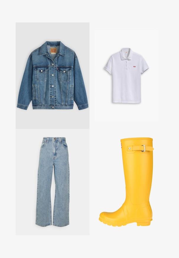 Blå denimjakke med knapper foran, to brystlommer med knapper, sidelommer og en krave, lagt fladt på en lys baggrund.; Hvid polo t-shirt lavet af bomuld, med en klassisk krave, tre-knaps placket og et lille rødt Levi's logo på venstre bryst.; Lyseblå vidde denimjeans med høj talje, frontknap, lynlås og femlomme-design på ensfarvet baggrund.; Gul gummistøvle med en glat overflade, justerbar spænde, og tekstureret sål for bedre greb. Høj design, rund tå, og sømløs krop.