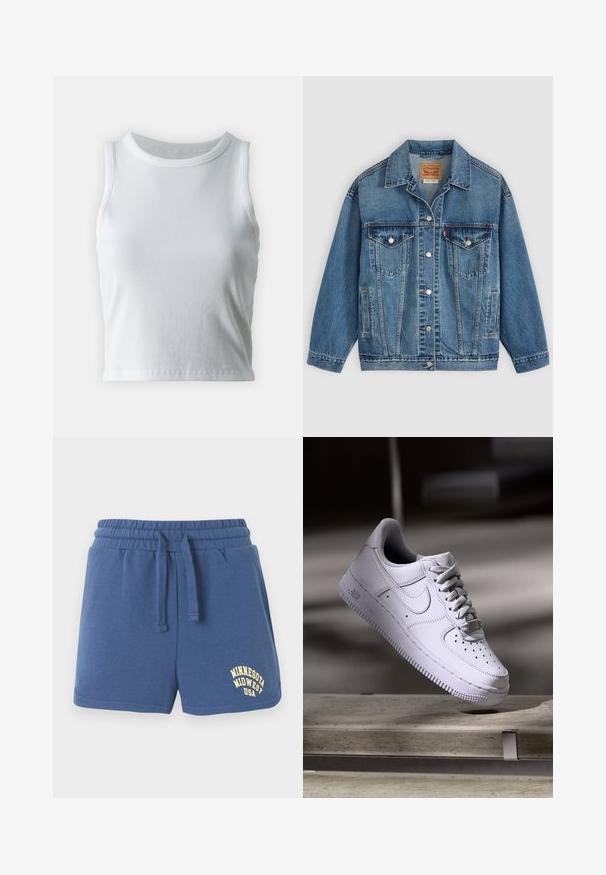 Blue denim jacket with button front, two chest pockets with buttons, side pockets, and a collar, laid flat on a light background.; White ribbed tank top with a round neckline and sleeveless design, featuring a straight hem and a smooth, stretchy texture.; Blue elastic waistband shorts with drawstring, side pockets, and "Minnesota Midwest USA" text printed in yellow on left leg.; White Nike Air Force 1 sneaker levitating above a concrete surface with shadows in a minimalist setting.