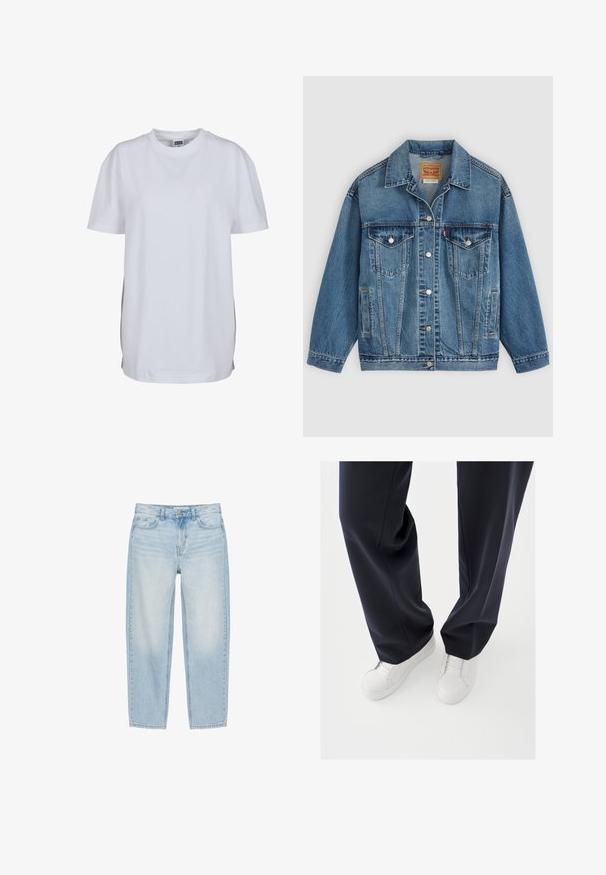 Veste en jean bleu avec fermeture à boutons à l'avant, deux poches poitrine avec boutons, poches latérales et col, posée à plat sur un fond clair.; T-shirt blanc uni à manches courtes avec col rond, ourlet droit et petite étiquette de marque visible à l'intérieur du col.; Jean droit en denim bleu clair avec bouton devant, fermeture éclair, passants de ceinture et style cinq poches sur fond blanc.; Baskets blanches avec semelles en caoutchouc texturées et lacets plats, associées à un pantalon bleu marine foncé affichant un tissu fluide et ample et une coupe ajustée.