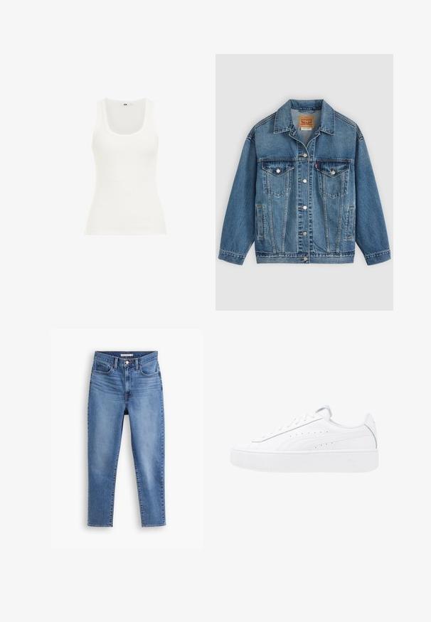 Blå denimjakke med knapper foran, to brystlommer med knapper, sidelommer og en krave, lagt fladt på en lys baggrund.; Hvid ribbet tanktop med rund halsudskæring og brede stropper. Stoffet ser strækbart og tætsiddende ud, velegnet til lag-på-lag eller afslappet brug.; Blå højtaljede kvindejeans med frontknap og lynlåslukning, bæltestropper og fem-pockets design, flad på hvid baggrund.; Hvide platform sneakers med overdel i læder, rund tå og snørelukning. Har sidelufthuller og diskret branding på hælen.