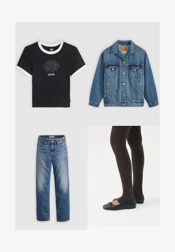 Veste en jean bleu avec fermeture à boutons à l'avant, deux poches poitrine avec boutons, poches latérales et col, posée à plat sur un fond clair.; T-shirt noir à manches courtes Levi's avec bordure blanche au col et aux manches, présentant un graphisme blanc de soleil et de lune au-dessus du logo Levi's.; Jean en denim bleu clair à coupe droite, avec braguette à boutons, poches avant et décoloration subtile près de la cuisse.; Jambes portant des leggings côtelés foncés associés à des ballerines noires avec de petits détails en nœud sur fond blanc.