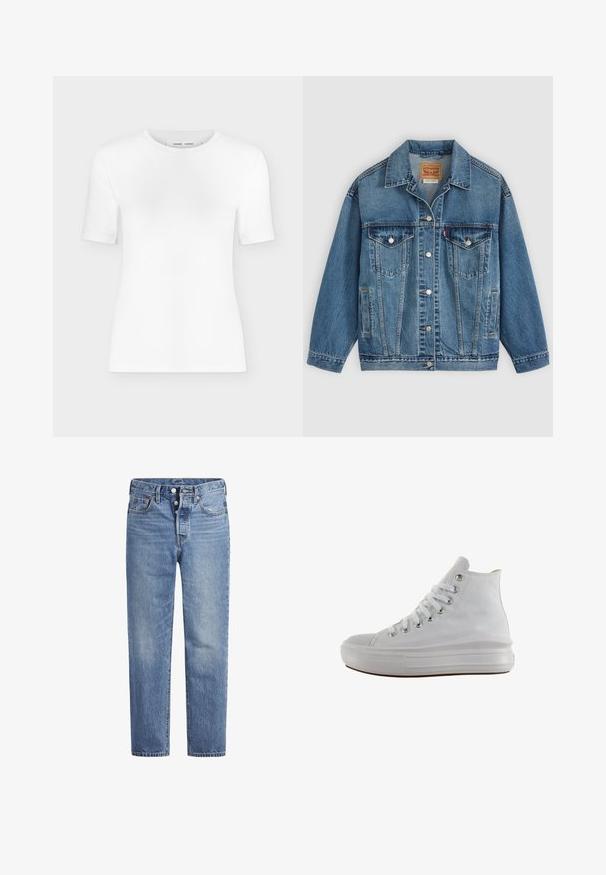Veste en jean bleu avec fermeture à boutons à l'avant, deux poches poitrine avec boutons, poches latérales et col, posée à plat sur un fond clair.; T-shirt blanc à manches courtes avec col rond, coupe slim et texture de tissu côtelé, présenté sur un fond uni gris clair.; Jeans en denim bleu clair avec une coupe droite, un design à cinq poches et un bouton pression. Présentent une légère décoloration et des coutures orange en accent.; Baskets montantes en toile blanche avec lacets blancs, œillets métalliques, semelle épaisse en caoutchouc et bout texturé, orientées vers la gauche sur fond blanc.