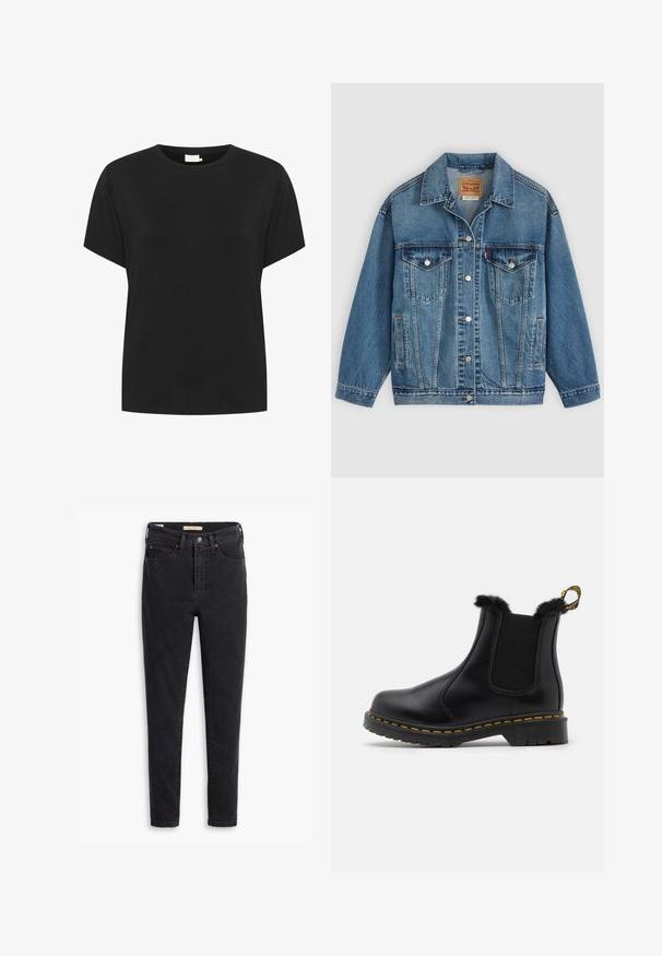 Veste en jean bleu avec fermeture à boutons à l'avant, deux poches poitrine avec boutons, poches latérales et col, posée à plat sur un fond clair.; T-shirt en coton noir avec un col rond et des manches courtes. Le tissu a une texture lisse et une coupe décontractée, sans motifs visibles.; Jean en denim noir caractérisé par une taille haute, une coupe slim et des détails de couture minimalistes. Le tissu présente une légère texture avec une finition lisse.; Bottes noires en cuir montantes avec des panneaux élastiques texturés sur les côtés, un bord en fourrure en haut, des coutures jaunes et une semelle en caoutchouc robuste.