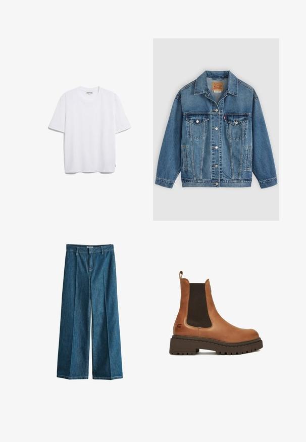 Blaue Denimjacke mit Knopfleiste vorne, zwei Brusttaschen mit Knöpfen, Seitentaschen und einem Kragen, flach auf einem hellen Hintergrund ausgelegt.; Weißes Baumwoll-T-Shirt mit kurzen Ärmeln, runder Halslinie und lockerer Passform. Keine sichtbaren Muster oder Logos. Glatte Textur.; Blaue Jeans mit weitem Bein, Gürtelschlaufen, Reißverschluss vorne und dezenten vertikalen Nähten entlang jedes Beins.; Brauner Leder-Chelsea-Stiefel mit dicker schwarzer Gummisohle und elastischen Seitenteilen, mit Zuglasche hinten.