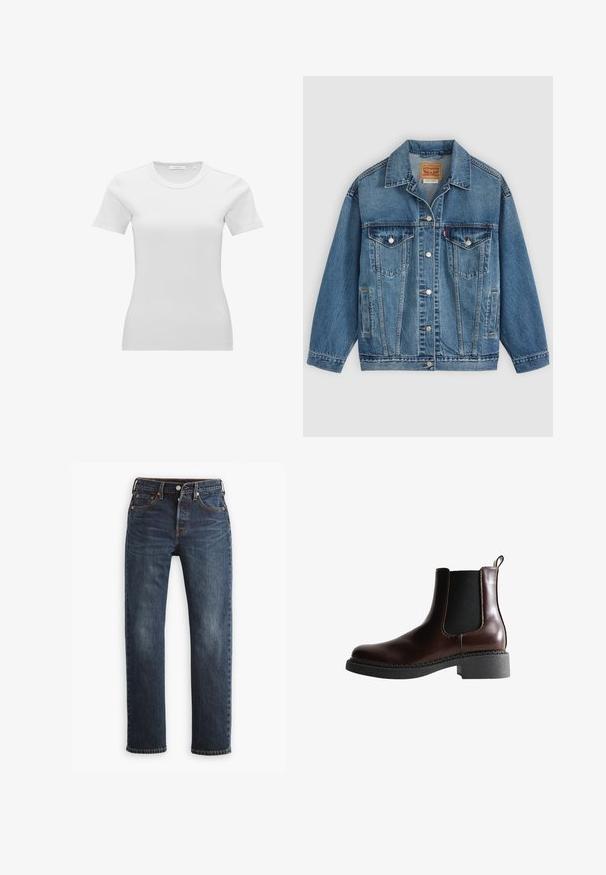 Blauwe spijkerjas met knoopsluiting aan de voorkant, twee borstzakken met knopen, zijzakken en een kraag, plat neergelegd op een lichte achtergrond.; Witte nauwsluitende dames T-shirt met korte mouwen, geribbeld en met een ronde hals en een klein maatlabel aan de binnenzijde van de kraag.; Levi's® 501® JEANS FOR WOMEN - Straight leg jeans - same intent; Bruine leren enkelboot met elastische zijpanelen, ronde neus en een gestructureerde zwarte rubberen zool. Heeft contrasterende stiksels en een lusje aan de achterkant.