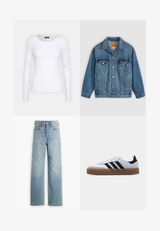 Chaqueta vaquera azul con botones en la parte delantera, dos bolsillos en el pecho con botones, bolsillos laterales y cuello, colocada plana sobre un fondo claro.; Top de manga larga blanco con cuello redondo. Fabricado en una tela elástica que se ajusta al cuerpo. Presenta sutiles líneas horizontales.; Vaqueros de mezclilla azul claro con diseño de talle alto, corte de pierna recta, estilo de cinco bolsillos y detalles de costuras visibles.; Zapatillas de cuero blancas con rayas negras, suela de goma, puntera redonda, cierre de cordones y caperuza de ante gris suave.