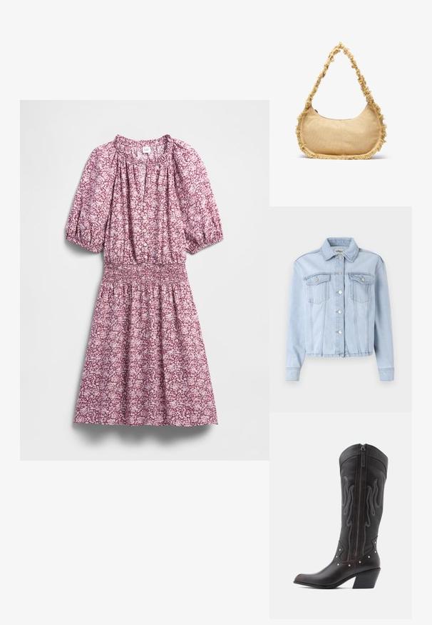 Veste en denim bleu clair avec un col, fermeture à boutons sur le devant et deux poches poitrine. Elle présente des manches longues et des poignets ourlés.; Robe fleurie en nuances de rose et blanc, avec une taille smockée, des manches bouffantes, des boutons sur le devant et une texture de tissu douce.; Bottes de cowboy en cuir marron avec surpiqûres en forme de flammes, fermeture éclair latérale, clous argentés, bout pointu et talon superposé.; Sac beige texturé de forme arrondie, avec un bord effiloché tout le long des bords et une courte sangle pour le porter. Ouverture zippée en haut.
