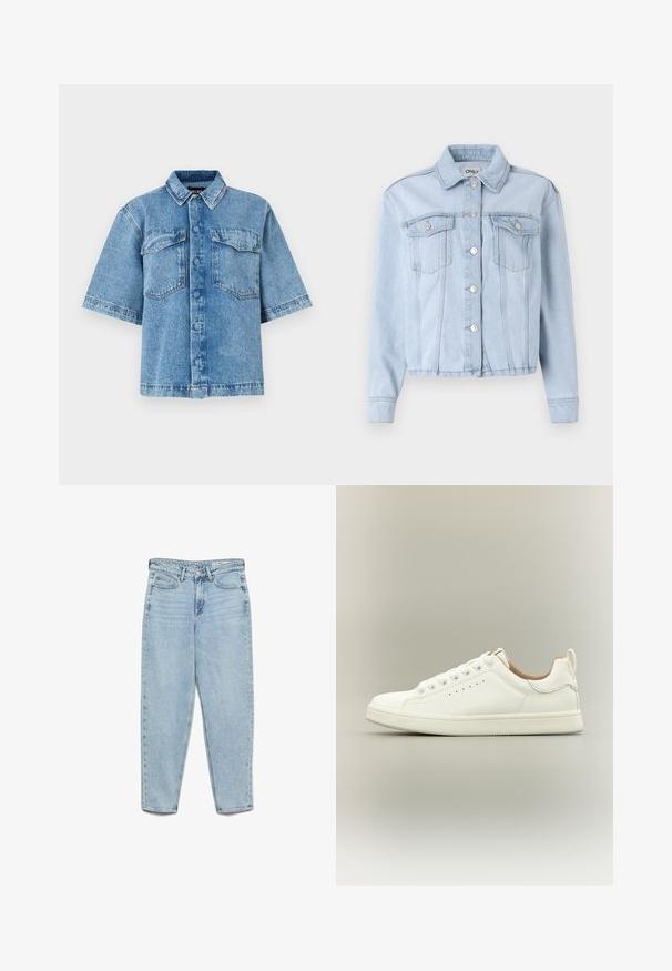 Veste en denim bleu clair avec un col, fermeture à boutons sur le devant et deux poches poitrine. Elle présente des manches longues et des poignets ourlés.; Chemise en denim à manches courtes de couleur bleu clair, dotée d'un col évasé, de deux poches poitrine et d'une fermeture à boutons sur le devant, avec une coupe décontractée et des coutures visibles.; Jean en denim bleu clair taille haute avec poches avant, passants pour ceinture, fermeture à boutons et jambes fuselées sur fond blanc.; Baskets blanches basses avec lacets, détails perforés sur les côtés et languette au talon, sur fond neutre.