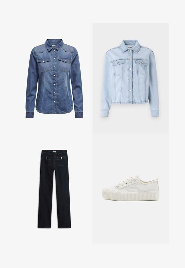 Hele helesinine teksajakk, millel on kraega kaelus, nööpidega esitasku ja kaks rinna-taskut. Omab pikki varrukaid ja ääristatud mansette.; Tumedates denim särk, millel on kaelus, pikad varrukad, kahekordsed rinnataskud ja kontrastsed õmblused.; Tumesinised teksapüksid sirge säärega, millel on kaks esist taskut ja nähtavad õmblused. Vigastusi ei ole näha.; Valged kanvas tennis jalanõud, millel on tekstureeritud kummitald, ümar varvas ja nööpide külge kinnitamine, millel on kolm külgmist triipu.