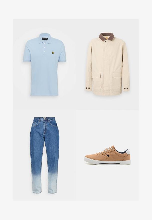 Beige takki, joka on valmistettu puuvillasta, jossa on ruskea corduroy-päällinen. Takissa on kaksi etutaskua ja napin yksityiskohtia hihoissa.; Vaaleansininen puuvillapolo, jossa on kolme nappia, lyhyet hihat ja pieni keltainen brodeerattu logo rinnassa.; Redefined Rebel TOKYO - Relaxed fit -farkut - bleach dip; Kangaskengät beige väri, joissa on valkoinen kumipohja, pyöreät nauhat ja tummansininen yksityiskohta kauluksessa. Sisältää pienen brodeeratun logon.
