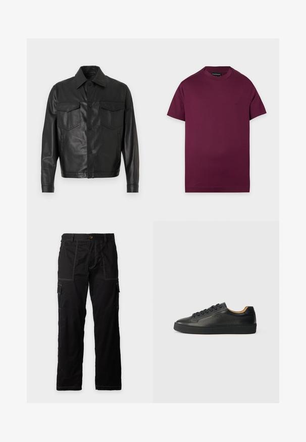 Veste en cuir noir avec un devant à boutons, deux poches poitrine et un col classique. Texture lisse avec un design ajusté.; T-shirt uni violet foncé à manches courtes et col rond, avec un petit logo brodé sur le côté gauche de la poitrine et une étiquette de marque noire à l’intérieur du col.; Pantalon cargo noir avec surpiqûres blanches contrastantes, bouton et fermeture éclair à l’avant, passants de ceinture et poches latérales à rabat sur les deux jambes.; Baskets basses en cuir noir avec surface texturée, lacets noirs et semelle en caoutchouc épaisse, présentées de côté sur un fond clair.