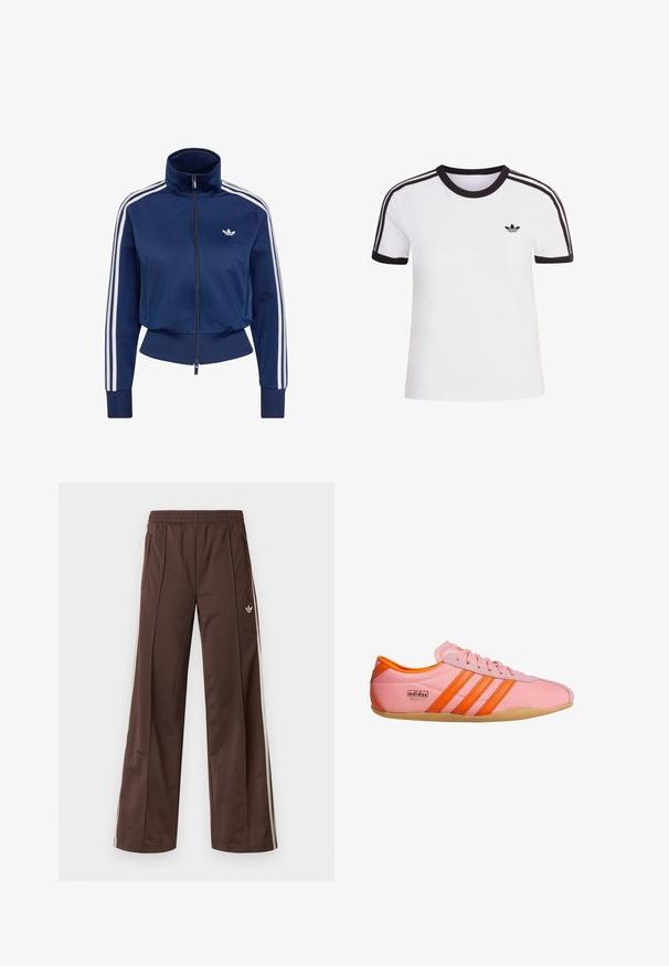 Mørkeblå træningsjakke med lynlås, hvide striber på ærmerne, ribstrikkede manchetter og talje samt lille Adidas-logo på brystet.; Hvid kortærmet t-shirt med sorte detaljer, der har rund halsudskæring og tre sorte striber på hver skulder. Lille sort logo på brystet.; Brune atletiske bukser med vidde ben, hvide striber på siden, elastisk linning og to sidelommer. Har et lille logo på benet.; Lyserød sneakers med orange detaljer, der har tre striber, et tekstureret materiale, snørebånd foran og en gummisål. Branding på siden.
