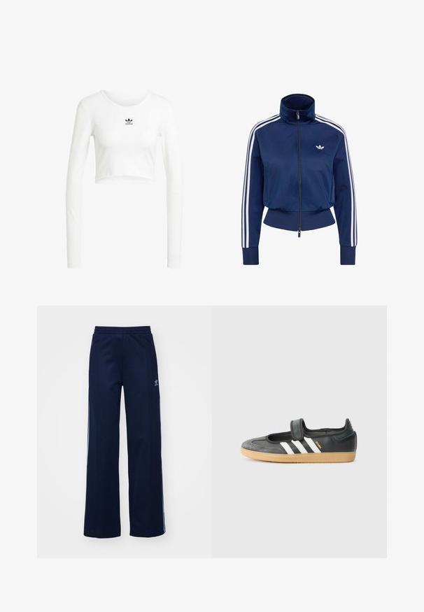 Mørkeblå træningsjakke med lynlås, hvide striber på ærmerne, ribstrikkede manchetter og talje samt lille Adidas-logo på brystet.; Hvid cropped langærmet skjorte lavet af ribbet bomuld. Har rund hals og lille sort Adidas-logo på brystet.; Marineblå bomuldsblandede træningsbukser med bred benstil, elastisk talje og lynlåslommer, prydet med hvide sideordner og logo-detalje.; Sort læder- og ruskinds sneakers med en Velcro-rem, der har tre hvide striber og en gummisål, mærket "SAMBA" på siden.