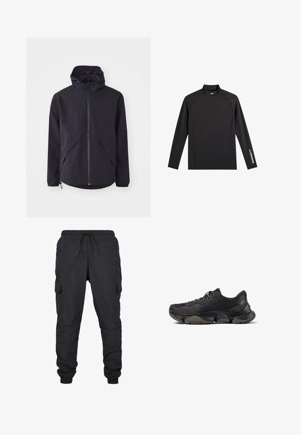 Chaqueta negra ligera con capucha, cierre frontal y dos bolsillos laterales. Cuenta con puños elásticos y dobladillo ajustable para un ajuste ceñido.; Camiseta negra deportiva de manga larga con cuello alto falso, corte ajustado y logo blanco "J.Lindeberg" en la manga izquierda y el cuello.; Pantalones cargo negros con cintura elástica y cordón, con bolsillos laterales y dobladillos ajustados. Hechos de un tejido ligero y duradero.; Zapatilla deportiva negra con suela texturizada, parte superior de cuero y gamuza, cuello acolchado y cierre con cordones, mostrada en perfil lateral.