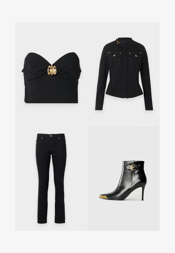 Schwarze taillierte Jacke mit langen Ärmeln, hohem Kragen mit goldener Schnalle, vorderen Klappentaschen mit goldenen Knöpfen und sichtbaren weißen Nähten.; Schwarzes, trägerloses Top aus glattem Stoff, mit einem gedrehten Frontdesign und einem goldenen Hardware-Akzent in der Mitte.; Schwarze Denim-Jeans mit geradem Schnitt, Fünf-Taschen-Design, Knopfverschluss und goldfarbenen Hardware-Akzenten. Weiche Textur mit minimalen Details.; Schwarzer Knöchelstiefel aus glänzendem Leder mit spitz zulaufender Zehenpartie, Stöckelabsatz und goldfarbener Hardware mit dekorativem Schnallendetail.