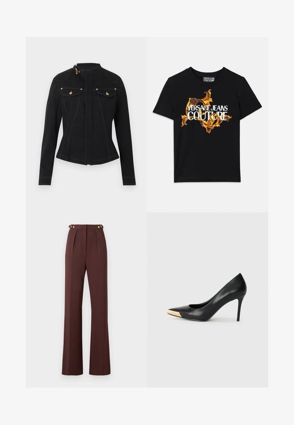 Schwarze taillierte Jacke mit langen Ärmeln, hohem Kragen mit goldener Schnalle, vorderen Klappentaschen mit goldenen Knöpfen und sichtbaren weißen Nähten.; Schwarzes Baumwoll-T-Shirt mit weißem Text "VERSACE JEANS COUTURE" und einem ausgefallenen goldenen Design, das den Text umrahmt, mit kurzen Ärmeln und Rundhalsausschnitt.; Hochtaillierte braune weit geschnittene Hose mit vorderen Falten und goldenen Knopfdetails an den verstellbaren Taillenlaschen.; Schwarzer Leder-Pumps mit hohen Absätzen und spitzem Zehenbereich; verfügt über einen metallisch goldenen Akzent auf der Zehenkappe. Glatte Oberfläche mit einem eleganten Design.