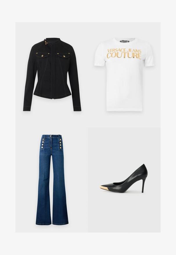 Chaqueta ajustada negra con mangas largas, cuello alto con hebilla dorada, bolsillos delanteros con solapa y botones dorados, y costuras blancas visibles.; Camiseta blanca de manga corta con el texto dorado "VERSACE JEANS COUTURE" impreso en el pecho.; Jeans de talle alto y corte acampanado en denim azul oscuro, con acentos de botones dorados en los lados y una textura suave.; Zapato de tacón alto de cuero negro con puntera afilada; presenta un detalle metálico dorado en la tapa del tacón. Superficie lisa con un diseño elegante.