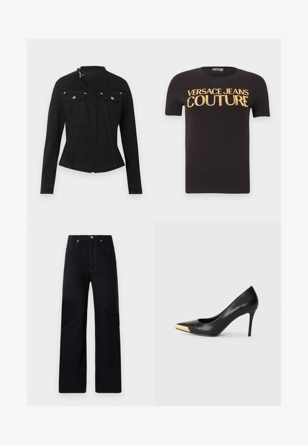 Chaqueta ajustada negra con mangas largas, cuello alto con hebilla dorada, bolsillos delanteros con solapa y botones dorados, y costuras blancas visibles.; Camiseta negra de manga corta con "Versace Jeans Couture" en grandes letras doradas en el pecho, cuello redondo y etiqueta de tela en el interior.; Pantalones de mezclilla negra con un ajuste de pierna recta, que presentan una cintura alta, cinco bolsillos, herrajes dorados y detalles de costura sutiles.; Zapato de tacón alto de cuero negro con puntera afilada; presenta un detalle metálico dorado en la tapa del tacón. Superficie lisa con un diseño elegante.