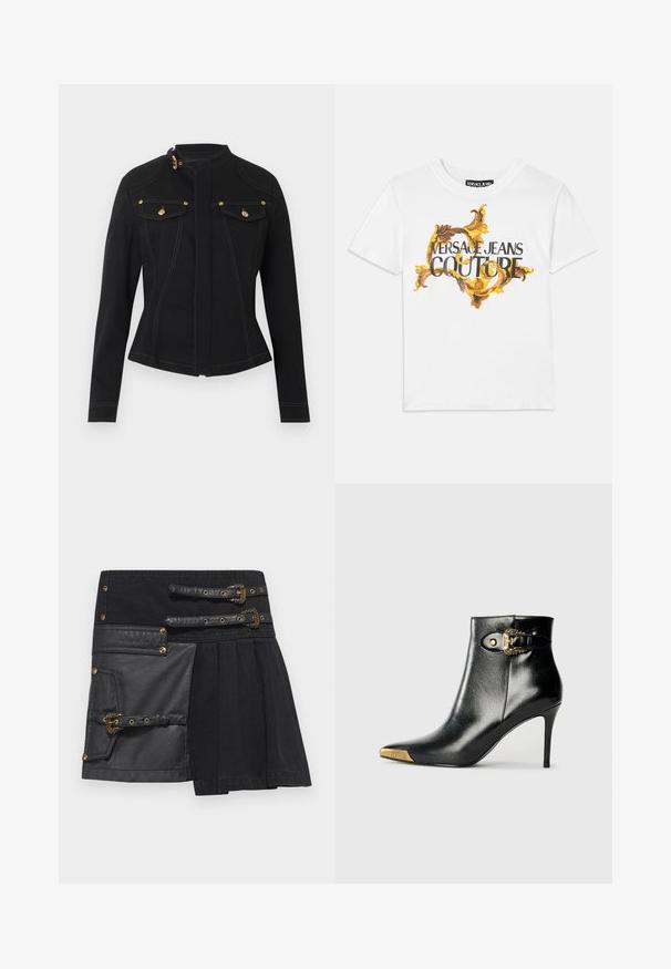 Zwarte nauwsluitende jas met lange mouwen, hoge kraag met gouden gesp, voorflapzakken met gouden knoppen en zichtbare witte stiksels.; Witte katoenen T-shirt met een gouden en bruine barokprint, met "VERSACE JEANS COUTURE" prominent weergegeven in zwarte letters.; Zwarte rok met leren accenten, gespsdetails en een mix van texturen. Inclusief een zak aan de linkerkant en een geplooid ontwerp.; Zwarte enkellaars van glanzend leer met een spits toelopende neus, naaldhak en goudkleurige sierhardware met een decoratieve gespdetail.