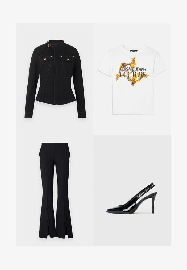 Schwarze taillierte Jacke mit langen Ärmeln, hohem Kragen mit goldener Schnalle, vorderen Klappentaschen mit goldenen Knöpfen und sichtbaren weißen Nähten.; Weißes Baumwoll-T-Shirt mit einem goldenen und braunen Barockmuster, auf dem "VERSACE JEANS COUTURE" deutlich in schwarzer Schrift zu sehen ist.; Schwarze ausgestellte Hosen aus einem glatten Stoff, mit Schlitzen am Saum, die mit Schleifen gebunden sind, um zusätzliche Details zu verleihen.; Schwarze Lackleder-Slingback-Pumps mit spitzem Design, das einen ausgeschnittenen Bereich und einen elastischen Riemen mit eingeprägtem Markennamen aufweist.