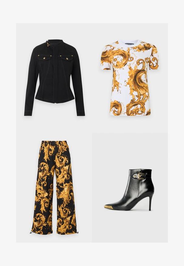 Chaqueta ajustada negra con mangas largas, cuello alto con hebilla dorada, bolsillos delanteros con solapa y botones dorados, y costuras blancas visibles.; Camiseta blanca de manga corta de Versace Jeans con elaborados patrones barrocos en tonos dorados y marrones en forma de remolinos y salpicaduras.; Pantalones negros de pierna ancha con cintura elástica, con un audaz patrón de remolinos barrocos en amarillo dorado y cordones ajustables en los bajos.; Botín negro hasta el tobillo fabricado en cuero brillante, con punta puntiaguda, tacón de aguja y detalles dorados con una hebilla decorativa.