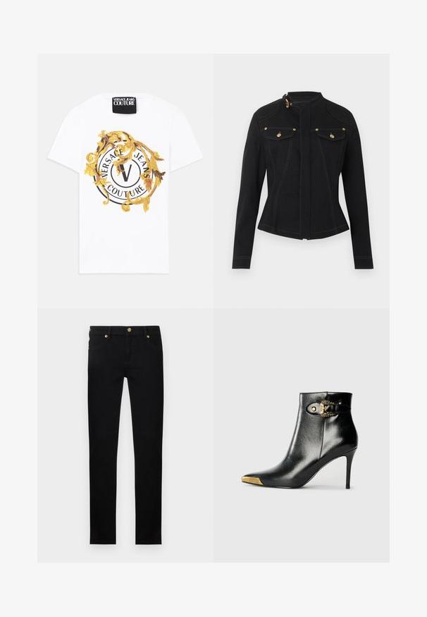 Chaqueta ajustada negra con mangas largas, cuello alto con hebilla dorada, bolsillos delanteros con solapa y botones dorados, y costuras blancas visibles.; Camiseta blanca de algodón con un gráfico redondo que presenta motivos en negro y dorado, incluyendo un logo circular y elementos decorativos.; Jeans negros de corte ajustado con detalles de botones y remaches dorados, bolsillos delanteros y trabillas para cinturón sobre un fondo liso claro.; Botín negro hasta el tobillo fabricado en cuero brillante, con punta puntiaguda, tacón de aguja y detalles dorados con una hebilla decorativa.
