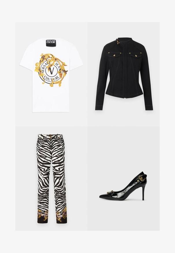 Chaqueta ajustada negra con mangas largas, cuello alto con hebilla dorada, bolsillos delanteros con solapa y botones dorados, y costuras blancas visibles.; Camiseta blanca de algodón con un gráfico redondo que presenta motivos en negro y dorado, incluyendo un logo circular y elementos decorativos.; Pantalones de estampado de cebra en blanco y negro, con un bordado floral decorativo en el dobladillo y un cinturón con acentos dorados y hebilla.; Zapato de tacón alto de charol negro con punta afilada, detalle de lazo en la parte frontal y un acento decorativo de hardware en tono dorado en la parte trasera.