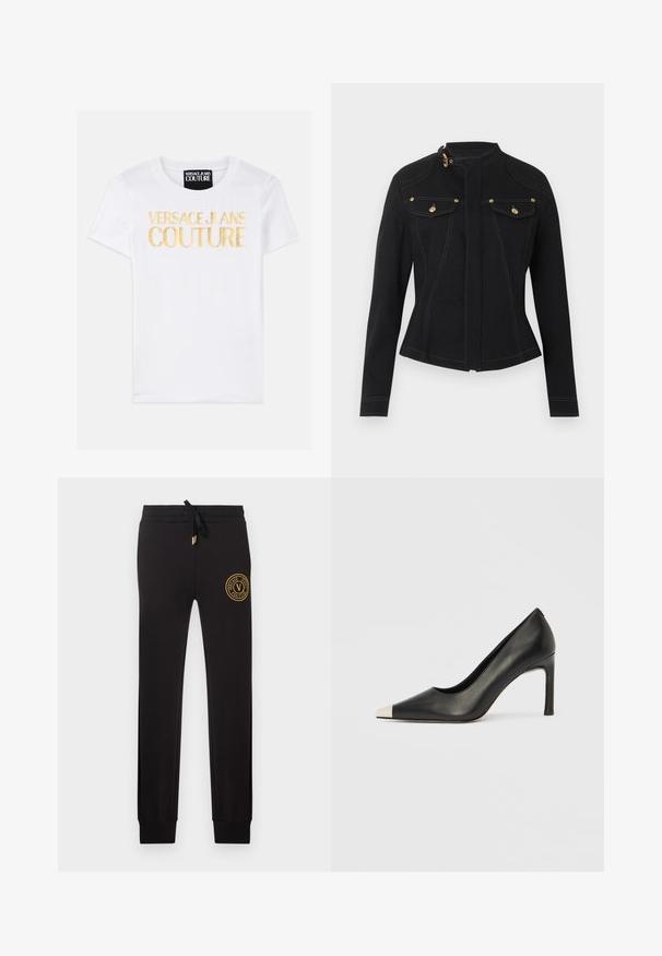 Sort tætsiddende jakke med lange ærmer, høj krave med guldlås, forlommer med klap og guldknapper samt synlige hvide syninger.; Hvid bomulds T-shirt med iøjnefaldende gul tekst, der står "VERSACE JEANS COUTURE" på fronten. Klassisk crew neck-design, korte ærmer.; Sorte slim-fit joggers med snøre i taljen og gyldent Versace Jeans Couture logo-patch på øverste venstre lår.; Sort læder højhælet sko med spids tå og metal-sølv hætte. Har en glat finish og en slank hæl på 10 cm.