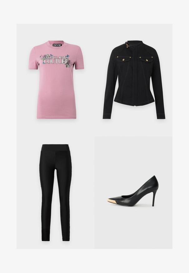 Chaqueta ajustada negra con mangas largas, cuello alto con hebilla dorada, bolsillos delanteros con solapa y botones dorados, y costuras blancas visibles.; Camiseta de algodón rosa con mangas cortas y cuello redondo. El gráfico frontal incluye patrones florales y "VERSACE JEANS COUTURE" en letras negritas.; Leggings negras con una tela suave y elástica, cintura alta y un diseño ajustado. No presentan patrones ni acentos visibles.; Zapato de tacón alto de cuero negro con puntera afilada; presenta un detalle metálico dorado en la tapa del tacón. Superficie lisa con un diseño elegante.