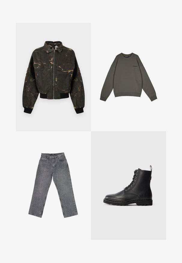 Mørkegrøn og brun camouflage bomberjakke med lynlås foran, store klaplommer og lynlåslommer, ribstrikkede manchetter og linning.; Pegador LOGO - Striktrøje - anthracite; High-waist lige ben grå jeans med forlommer, bæltestropper, knaplukning og synlige syninger på hvid baggrund.; Sort læder ankelstøvle med rund tå, snøredesign og metaløjer. Har en tekstureret sål og en pull-tab ved hælen for nem påtagning.