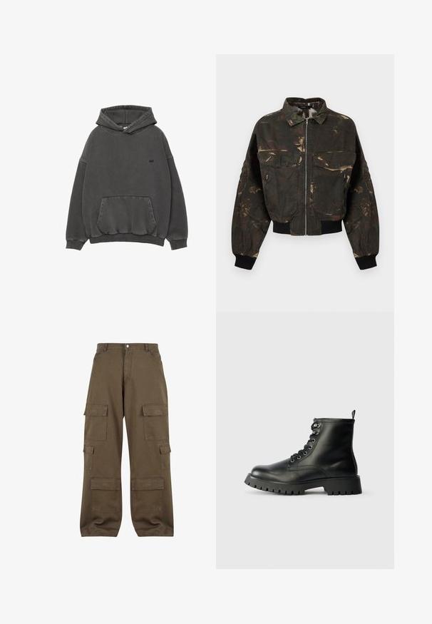 Mørkegrøn og brun camouflage bomberjakke med lynlås foran, store klaplommer og lynlåslommer, ribstrikkede manchetter og linning.; Mørkegrå hætte sweatshirt med frontlomme, ribbede ærmer og kant, samt lille sort broderet logo på brystet.; Cargo bukser i olivengrøn bomuld, med flere sidelommer, knaplukning og afslappet pasform.; Sorte læder ankelsko med rund tå, seks huller til snørebånd og en tyk, tekstureret sål med dybe riller.
