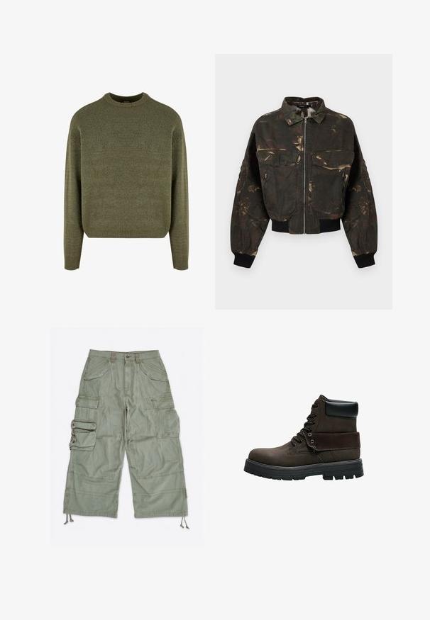 Mørkegrøn og brun camouflage bomberjakke med lynlås foran, store klaplommer og lynlåslommer, ribstrikkede manchetter og linning.; Grøn uldblandings sweater med rund hals, ribbede manchetter og kant, samt en blød, struktureret finish. Klassisk, afslappet pasform med sænkede skuldre.; Lysegrønne cargoshorts med flere klaplommer, bæltestropper, knaplukning og justerbare snore ved benåbningerne.; Mørkebrun snørestøvle til anklen med sort polstret krave, tyk sort gummisål og foldet manchet-detalje.