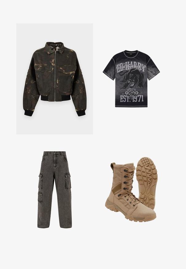 Dunkelgrüne und braune Tarnfarben-Bomberjacke mit Frontreißverschluss, großen Klappen- und Reißverschlusstaschen, gerippten Bündchen und Taillenbund.; Schwarzes und graues Ed Hardy T-Shirt mit knurrendem schwarzem Panther, Rosen und dem Text "Ed Hardy", "Drawn by L.A." und "EST. 1971."; Karl Kani OG BAGGY - Jeans Relaxed Fit - grey; Brauner taktischer Stiefel mit schnürbarem Knöchel-Design und robuster Gummisohle, ein Stiefel steht aufrecht, der andere zeigt das Profil der Sohle.