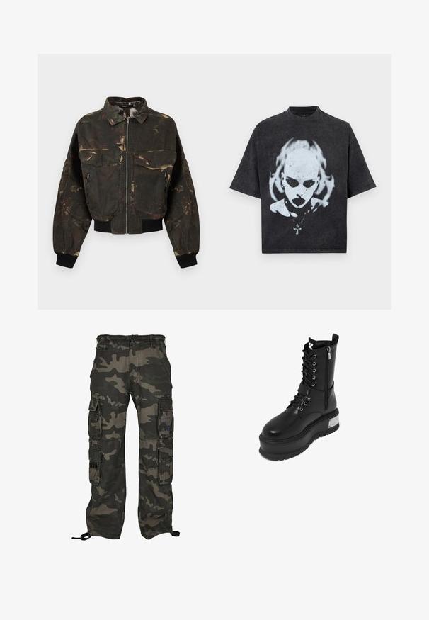 Mørkegrøn og brun camouflage bomberjakke med lynlås foran, store klaplommer og lynlåslommer, ribstrikkede manchetter og linning.; Sort oversized T-shirt med en hvid grafik af en skaldet person med mørke øjne, læbestift, piercinger og en halskæde med et korsvedhæng.; Kamuflage cargo bukser i mørkegrøn og grå, med flere sidelommer, knaplukning og justerbare ankelstrammere.; Sort faux læder kampstøvle med en chunky platform, der har snørebånd fortil, lynlås lukning og metallisk detalje på hælen.