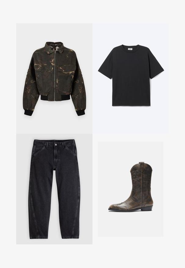 Mørkegrøn og brun camouflage bomberjakke med lynlås foran, store klaplommer og lynlåslommer, ribstrikkede manchetter og linning.; Sort T-shirt med korte ærmer og rund hals med afslappet pasform, forfra, ensfarvet design og synligt Weekday-mærke inde i kraven.; Sorte denimjeans med løs pasform, der har en standard-taljebånd, femlomme-design og kontrastsyning langs sømmene.; Brune læder cowboystøvle med en høj skaft, spids tå, intrikate syning mønstre og en lille hæl. Struktureret finish hele vejen igennem.